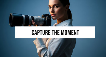 The word create the moment with photographer holding camera against blue vignetteの素材