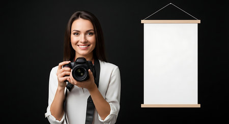 smiling female photographer holding camera and blank whiteboard isolated on blackの素材
