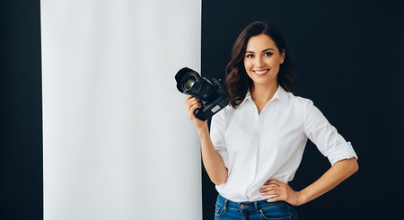portrait of smiling young woman holding camera and looking at camera isolated on blackの素材