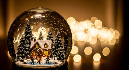 Snow globe with christmas tree and lights on bokeh backgroundの素材