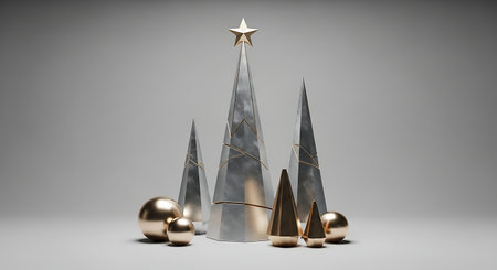 3d rendering of christmas tree with gold balls on gray backgroundの素材