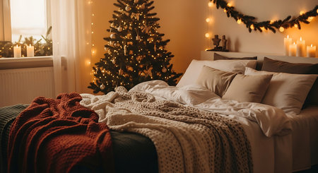 Cozy room interior with Christmas tree and cozy bedding on bedの素材