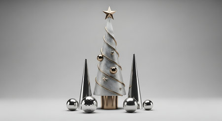 Christmas tree with silver and gold decorations. 3d render illustration.の素材