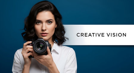 beautiful young woman with camera in hands, on blue background with creative textの素材