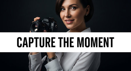 beautiful smiling woman holding camera and looking at camera, isolated on blackの素材