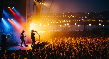 Crowd of people at concert. Silhouettes of singer and guitarist on stage.の素材
