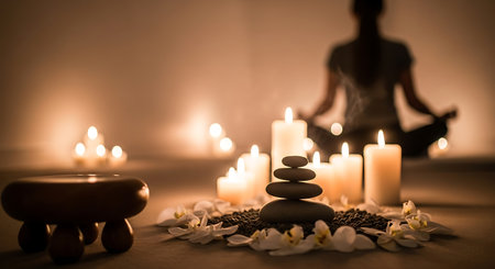 Spa still life with zen stones, candles and woman silhouetteの素材
