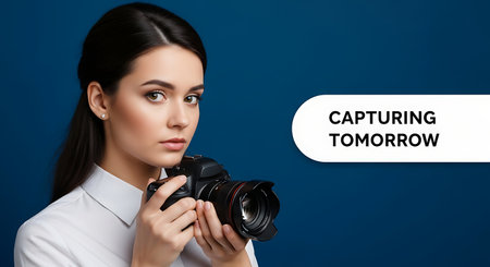 Young beautiful brunette woman with camera on blue background with copy spaceの素材