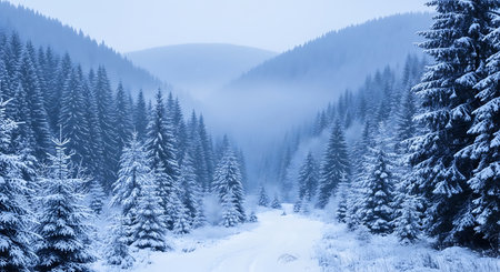 Winter landscape with snow covered fir trees in Carpathian mountains, Ukraineの素材