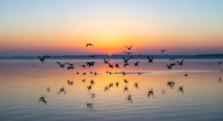 Flock of seagulls flying over the lake at sunsetの素材
