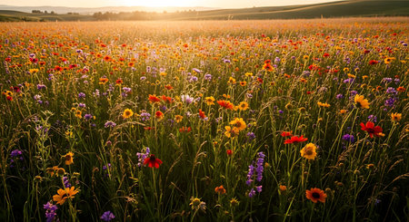 Beautiful landscape with colorful wildflowers on the field at sunsetの素材