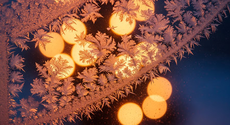 Frosty pattern on the window at night. Winter background.の素材