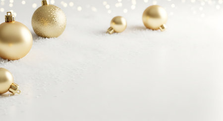 Christmas background with golden baubles on snow. 3d renderの素材