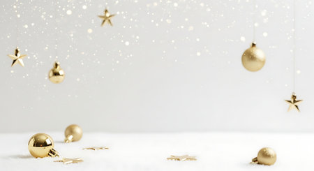 Christmas background with golden baubles on snow. 3d renderingの素材