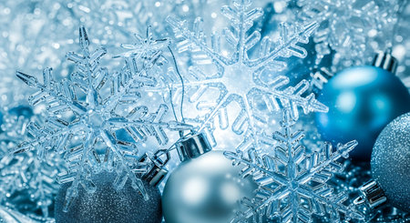 Christmas background with baubles and snowflakes. Blue tonedの素材