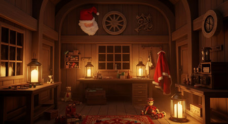 3D Illustration of a Christmas themed room with Santa Claus.の素材