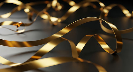 Shiny golden ribbon on a dark background. 3d render illustrationの素材