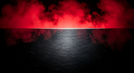 Red and black smoke on a brushed metal surface. Abstract background.の素材