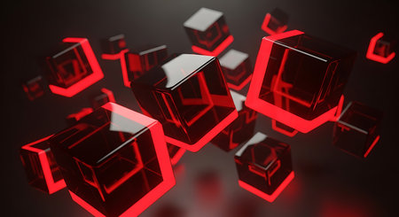 Abstract 3d rendering of cubes with red light on black background.の素材