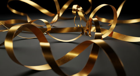 Curly golden ribbons on a black background. 3d renderingの素材