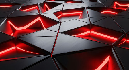 Abstract 3d rendering of chaotic geometric shapes. Reflective surface with glowing red lights. Futuristic background.の素材