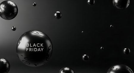 Black Friday Sale Poster. Black Glossy Ball on Black Background. 3d Renderingの素材