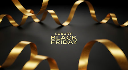 Luxury Black Friday Sale Banner with Realistic Gold Ribbons. Vector Illustrationの素材