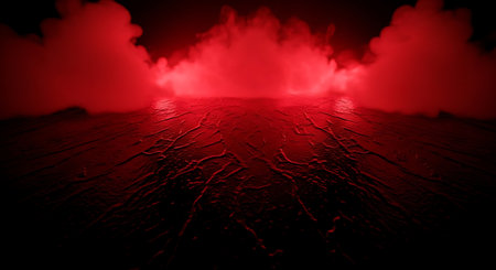 Dangerous dark road with red lights. Silhouette of a path through the woods. Horror Halloween concept. Selective focusの素材