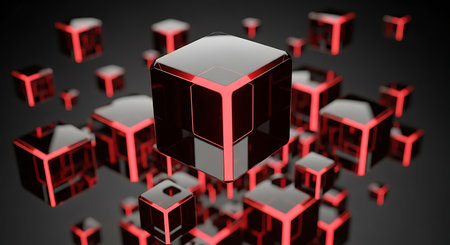 3d illustration of red cube over black background with many houses.の素材