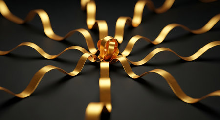 Golden ribbon on black background, 3d render illustration. Festive decorationの素材