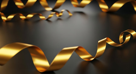 Curly golden ribbons on black background. 3d render illustrationの素材