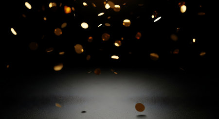 Golden confetti on black background. Festive concept. 3D Renderingの素材