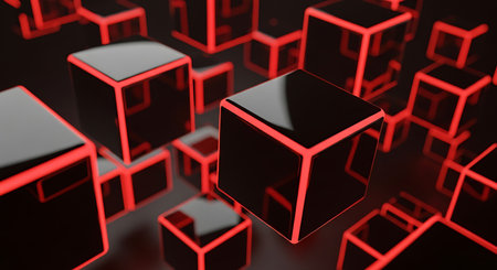 Abstract 3d rendering of black cubes with red neon lights on dark background.の素材