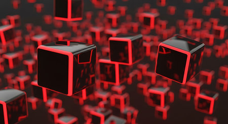 Red cubes with binary code on black background. Abstract 3D rendering illustration.の素材