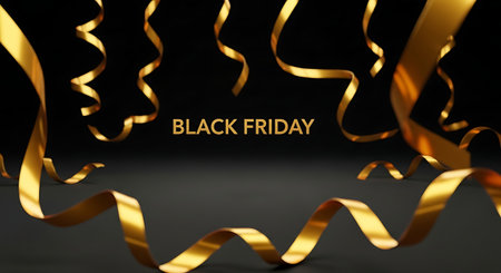 Black Friday Sale Banner with Gold Ribbon on Black Background. Vector Illustrationの素材