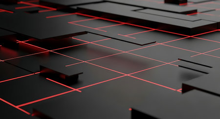 Abstract 3d rendering of black cubes with red neon lines. Futuristic background design.の素材