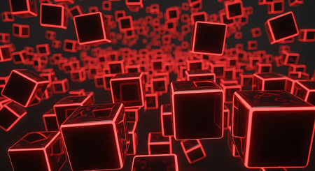 Red cubes on black background. Abstract 3d rendering illustration of chaotic shapes.の素材