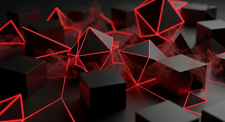 Abstract 3d rendering of black cubes with red neon lights on dark backgroundの素材