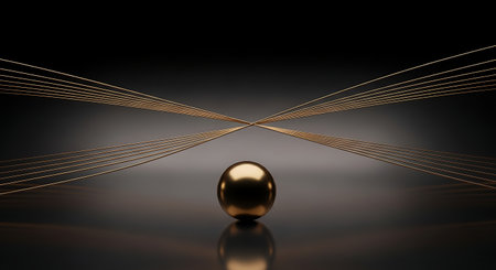 Golden sphere on the black background, 3d rendering. Computer digital drawing.の素材
