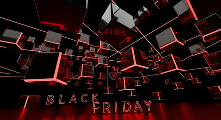 Black Friday 3d Illustration with red cubes and black background.の素材
