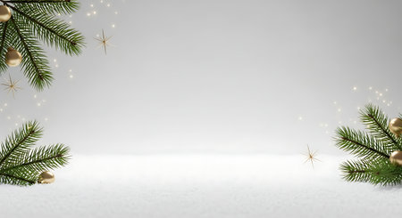 Christmas background with fir branches, golden balls, stars and snow.の素材