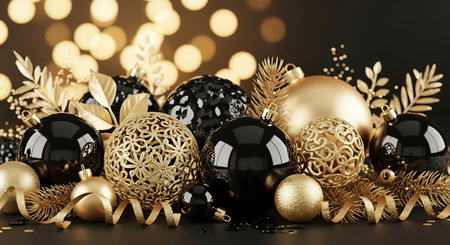 Black and gold christmas balls on black background. 3d renderingの素材