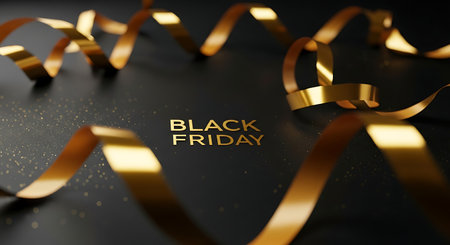 Black Friday sale concept. Gold ribbon on black background. 3D illustrationの素材