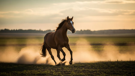 Beautiful brown horse running in the field at sunset, summertimeの素材