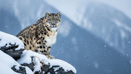 Snow leopard (Panthera uncia) sitting on a rockの素材
