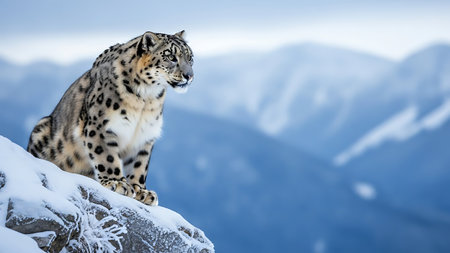 Snow leopard sitting on a rock in the mountains. Snow leopard.の素材
