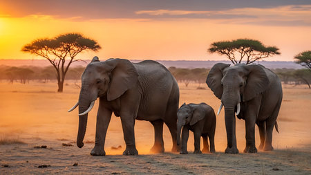 Elephants in the Tsavo East National Park, Kenyaの素材