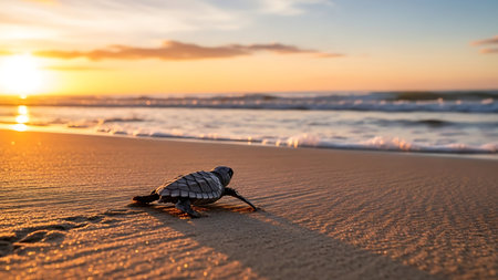Little baby sea turtle on the sand at sunset. Beautiful natural backgroundの素材