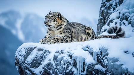 Snow leopard (Panthera uncia) sitting on a rockの素材