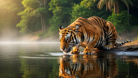 Bengal Tiger drinking water in the river. Wildlife scene from nature.の素材